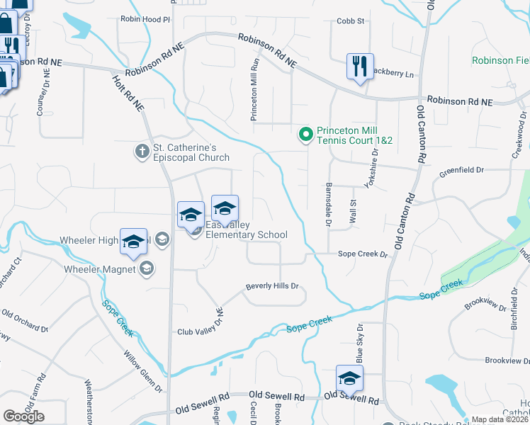 map of restaurants, bars, coffee shops, grocery stores, and more near 2755 Princeton Mill Court in Marietta