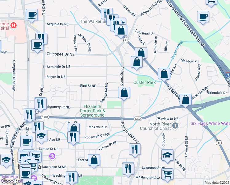 map of restaurants, bars, coffee shops, grocery stores, and more near 463 Morningside Drive Northeast in Marietta
