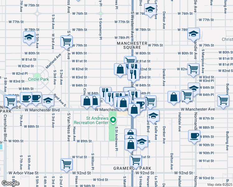 map of restaurants, bars, coffee shops, grocery stores, and more near West 84th Place in Los Angeles