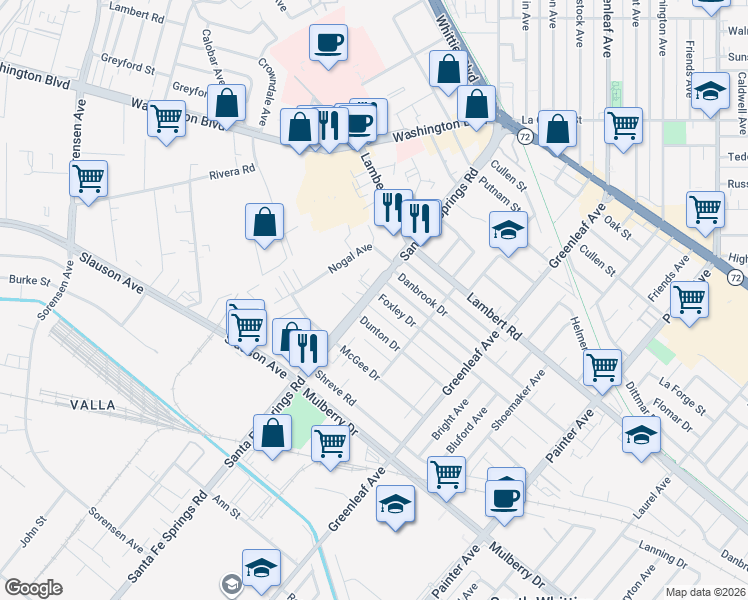 map of restaurants, bars, coffee shops, grocery stores, and more near 12618 Foxley Drive in Whittier
