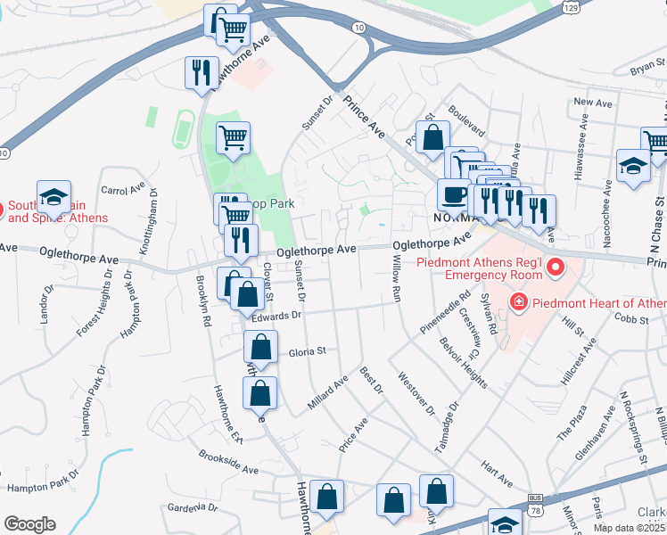 map of restaurants, bars, coffee shops, grocery stores, and more near 640 Holman Avenue in Athens