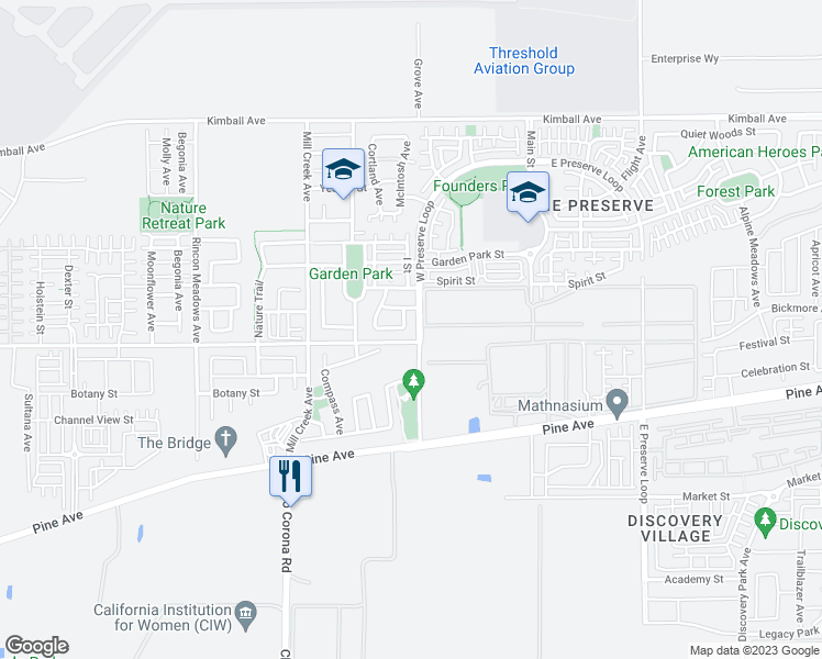 map of restaurants, bars, coffee shops, grocery stores, and more near 16083 Sunshine Avenue in Chino