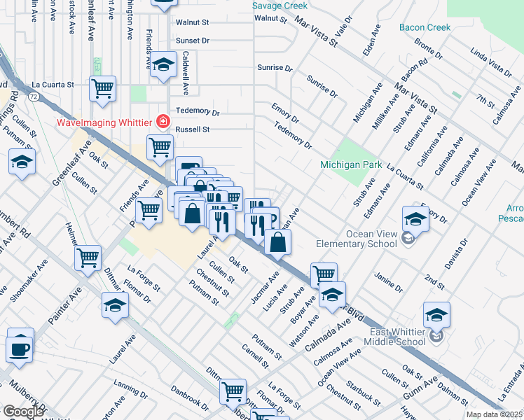 map of restaurants, bars, coffee shops, grocery stores, and more near 8366 Sargent Avenue in Whittier