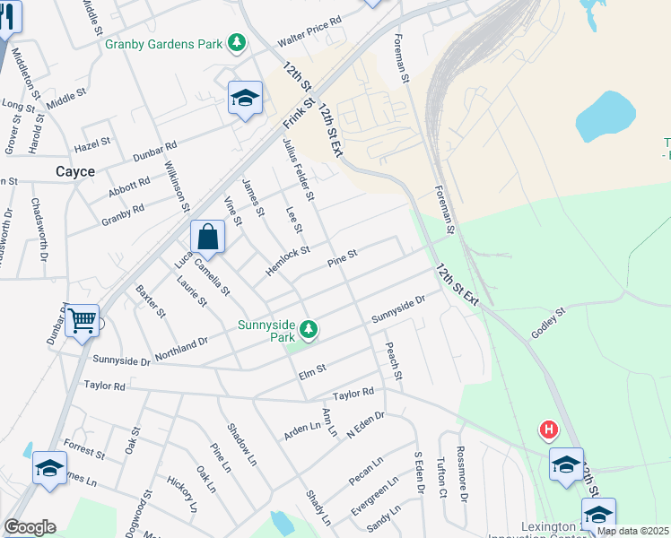map of restaurants, bars, coffee shops, grocery stores, and more near 1201 Pine Street in Cayce