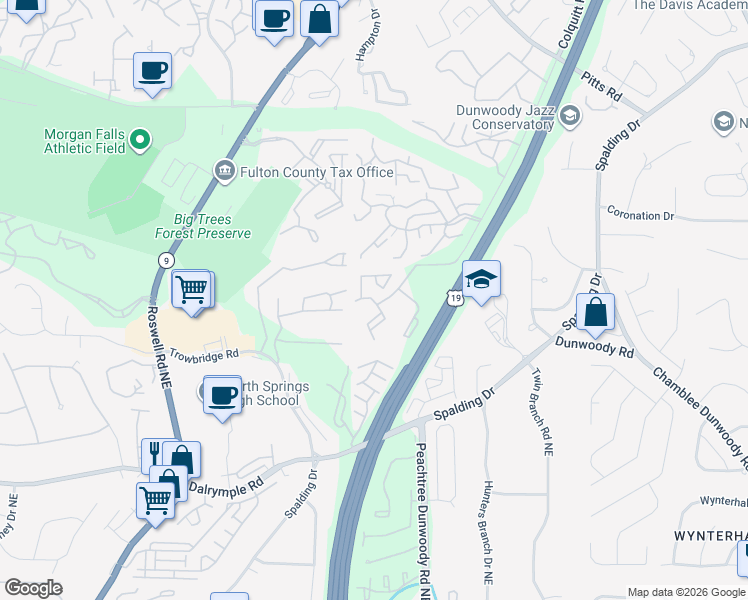 map of restaurants, bars, coffee shops, grocery stores, and more near 1775 Huntingdon Chase in Sandy Springs