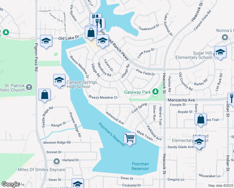 map of restaurants, bars, coffee shops, grocery stores, and more near 10963 Shady Glade Road in Moreno Valley