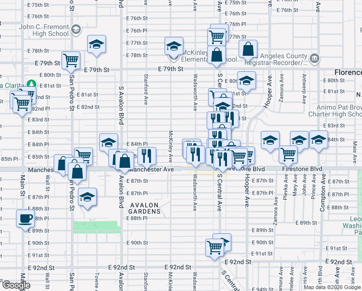 map of restaurants, bars, coffee shops, grocery stores, and more near 820 East 84th Place in Los Angeles