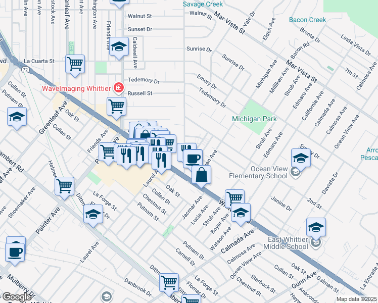 map of restaurants, bars, coffee shops, grocery stores, and more near 8366 Sargent Avenue in Whittier