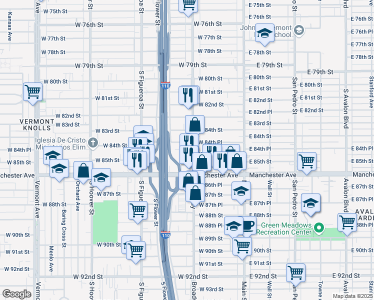 map of restaurants, bars, coffee shops, grocery stores, and more near 8503 South Olive Street in Los Angeles