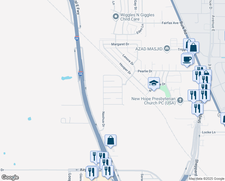 map of restaurants, bars, coffee shops, grocery stores, and more near 185 New Moon Lane in Wichita Falls