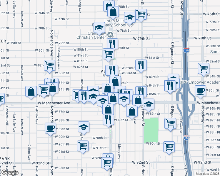 map of restaurants, bars, coffee shops, grocery stores, and more near 1031 West 84th Street in Los Angeles