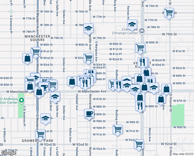 map of restaurants, bars, coffee shops, grocery stores, and more near 1325 West 84th Place in Los Angeles