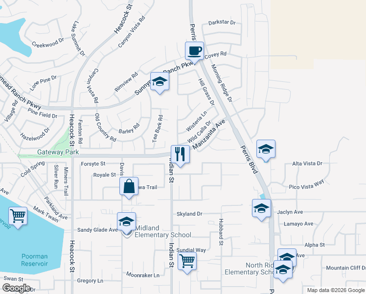 map of restaurants, bars, coffee shops, grocery stores, and more near 24553 Wild Calla Drive in Moreno Valley