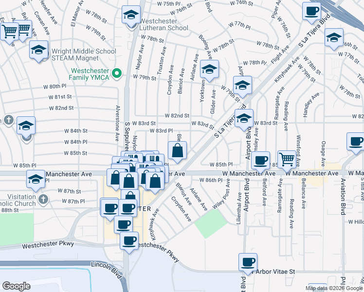 map of restaurants, bars, coffee shops, grocery stores, and more near 8427 Bleriot Avenue in Los Angeles