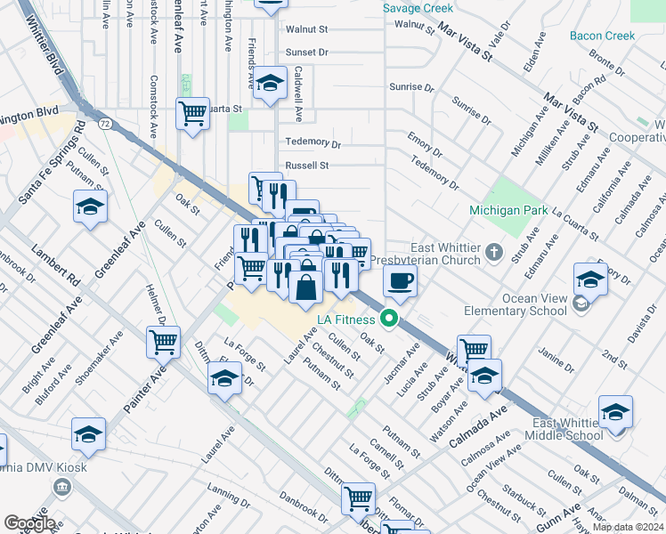 map of restaurants, bars, coffee shops, grocery stores, and more near 13500 Whittier Boulevard in Whittier