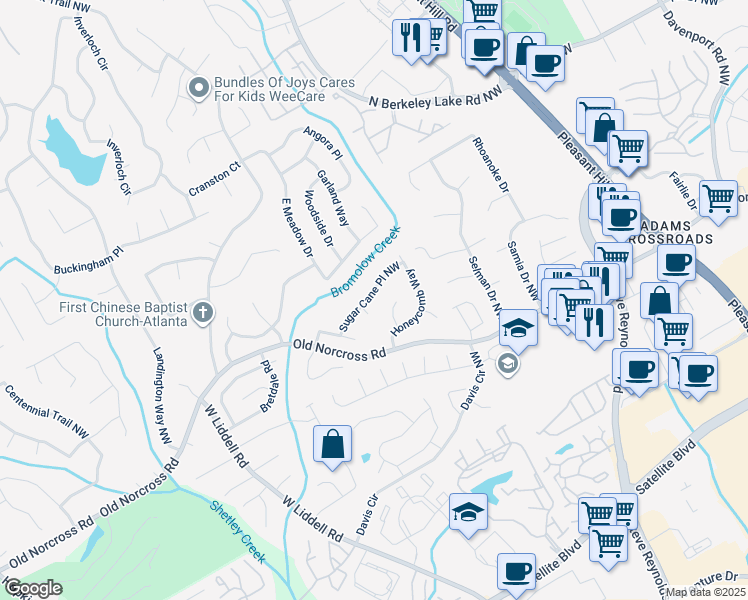 map of restaurants, bars, coffee shops, grocery stores, and more near 2547 Sugar Cane Place Northwest in Duluth
