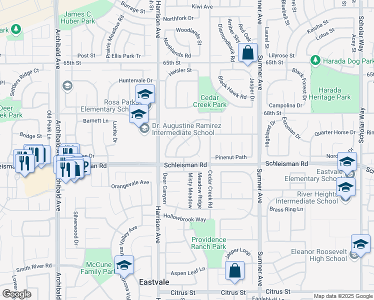 map of restaurants, bars, coffee shops, grocery stores, and more near 6927 Mockingbird Court in Corona