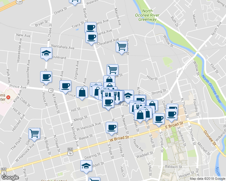 map of restaurants, bars, coffee shops, grocery stores, and more near 153 Childs Street in Athens