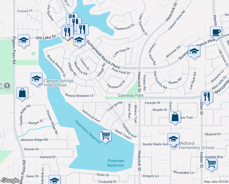 map of restaurants, bars, coffee shops, grocery stores, and more near 23790 Redbark Drive in Moreno Valley