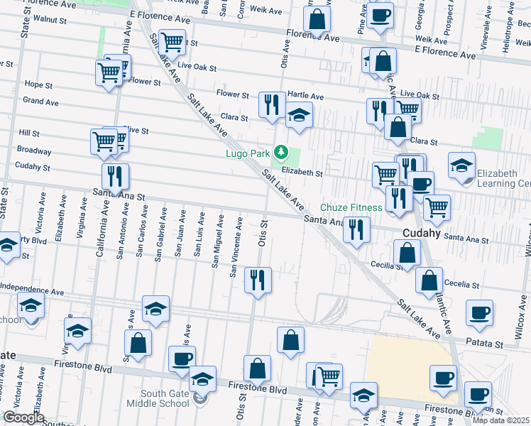 map of restaurants, bars, coffee shops, grocery stores, and more near Santa Ana Street & Otis Street in South Gate