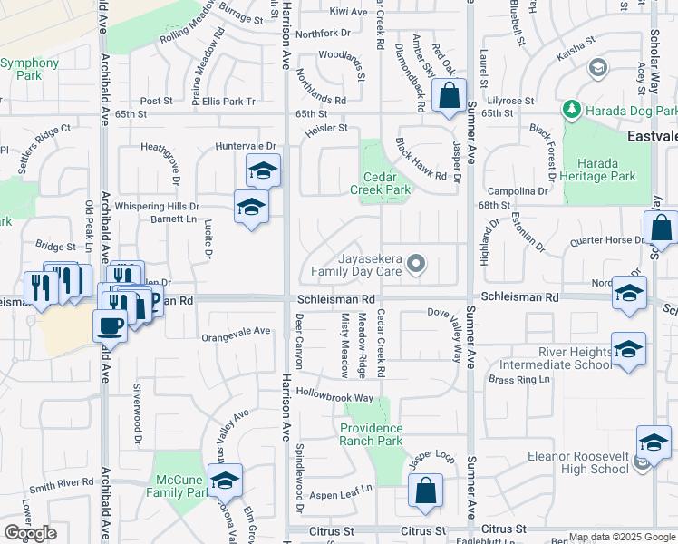 map of restaurants, bars, coffee shops, grocery stores, and more near 6927 Mockingbird Court in Corona