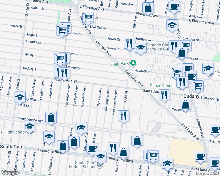 map of restaurants, bars, coffee shops, grocery stores, and more near 8106 San Miguel Avenue in South Gate
