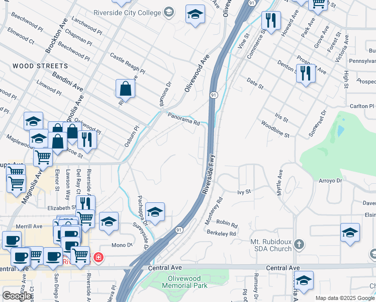 map of restaurants, bars, coffee shops, grocery stores, and more near 3060 Panorama Road in Riverside