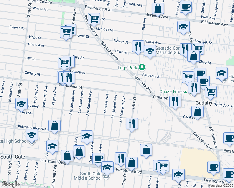 map of restaurants, bars, coffee shops, grocery stores, and more near 8106 San Miguel Avenue in South Gate