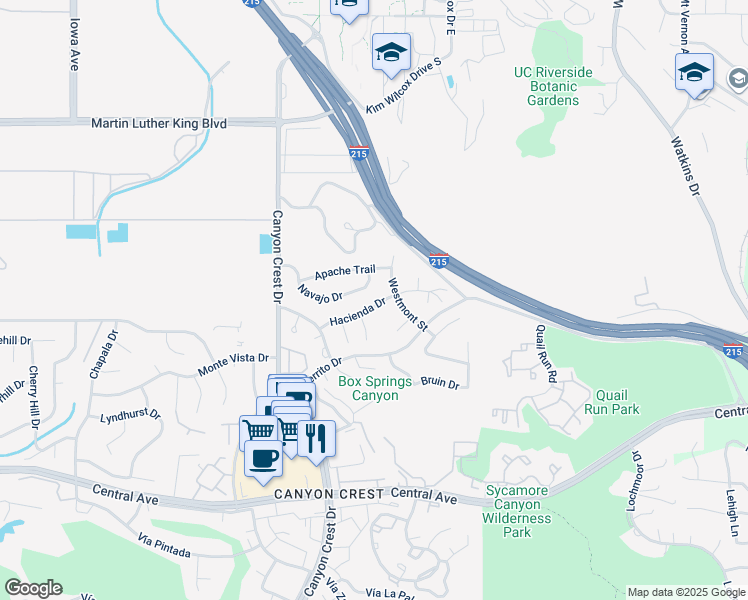 map of restaurants, bars, coffee shops, grocery stores, and more near 711 Hacienda Drive in Riverside