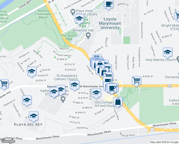 map of restaurants, bars, coffee shops, grocery stores, and more near 8305 Colegio Drive in Los Angeles