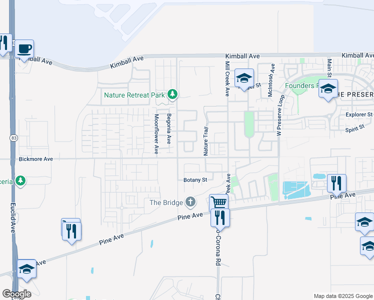 map of restaurants, bars, coffee shops, grocery stores, and more near 7717 Horizon Street in Chino