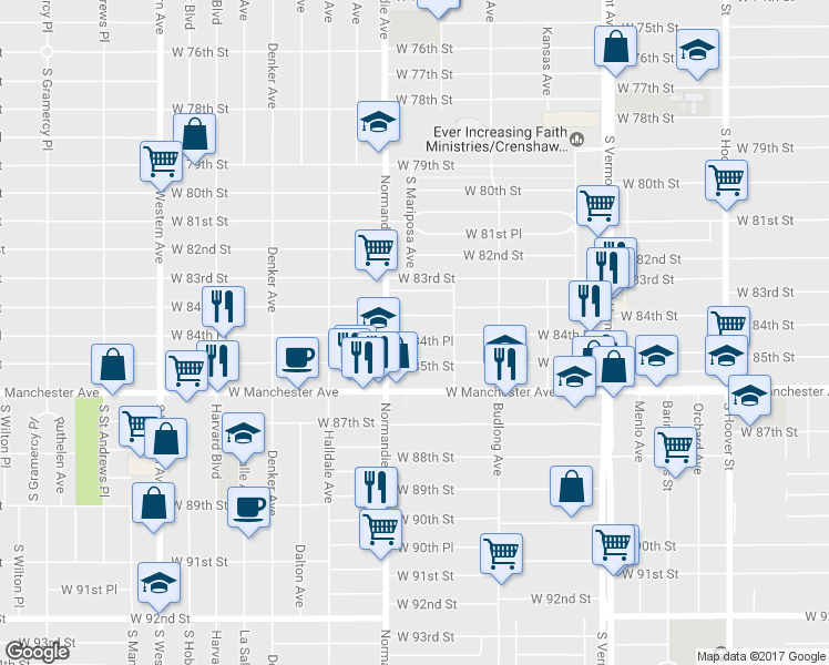 map of restaurants, bars, coffee shops, grocery stores, and more near 1325 West 84th Place in Los Angeles