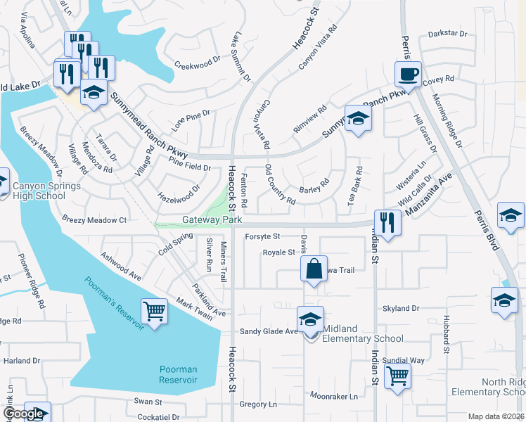 map of restaurants, bars, coffee shops, grocery stores, and more near 24125 Pleasant Run Road in Moreno Valley
