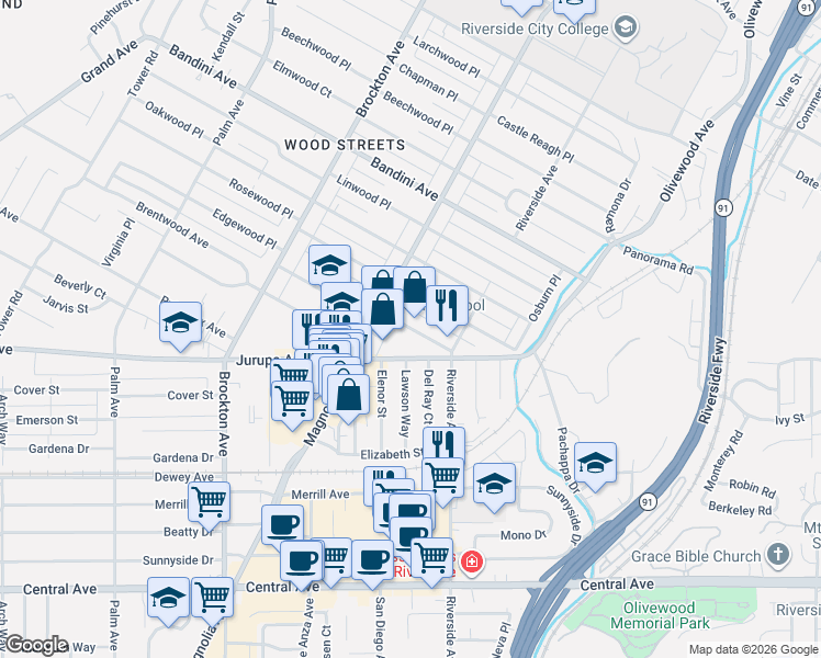 map of restaurants, bars, coffee shops, grocery stores, and more near 3739 Jurupa Avenue in Riverside