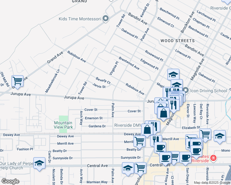 map of restaurants, bars, coffee shops, grocery stores, and more near 4475 Jurupa Avenue in Riverside