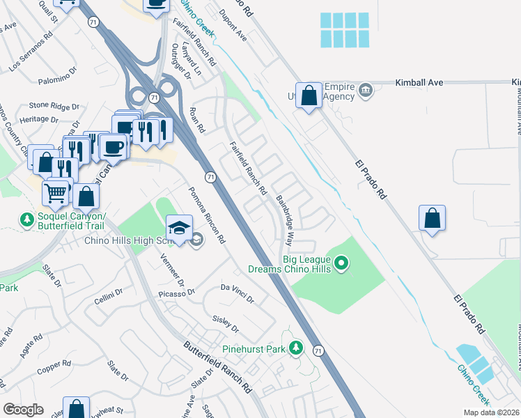 map of restaurants, bars, coffee shops, grocery stores, and more near 16076 Prestwicke Way in Chino Hills