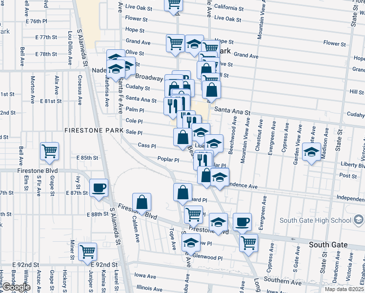map of restaurants, bars, coffee shops, grocery stores, and more near 2546 Cass Place in Huntington Park