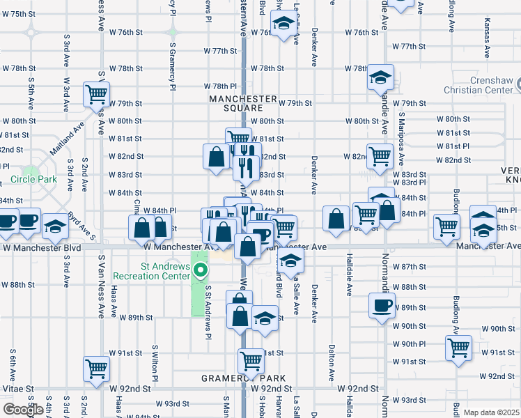 map of restaurants, bars, coffee shops, grocery stores, and more near 1732 West 84th Place in Los Angeles