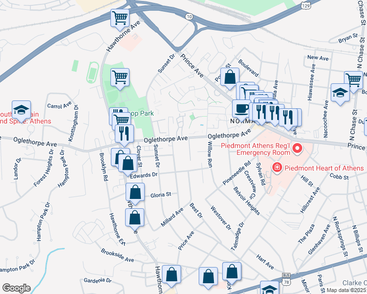 map of restaurants, bars, coffee shops, grocery stores, and more near 160 Greenwood Court in Athens