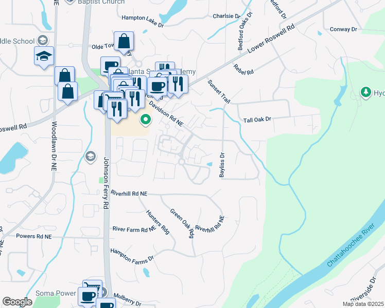 map of restaurants, bars, coffee shops, grocery stores, and more near 201 Park Ridge Circle in Marietta