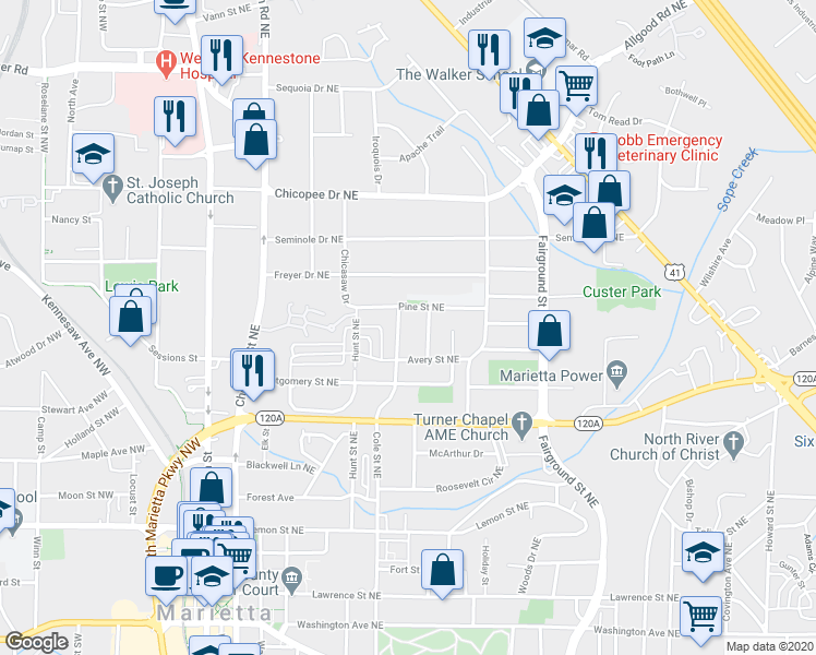 map of restaurants, bars, coffee shops, grocery stores, and more near 405 Cole Street Northeast in Marietta
