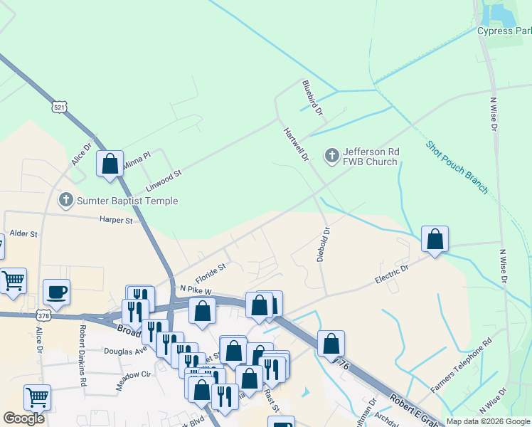 map of restaurants, bars, coffee shops, grocery stores, and more near 1445 Jefferson Road in Sumter