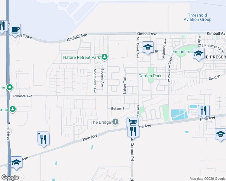 map of restaurants, bars, coffee shops, grocery stores, and more near 16081 Rincon Meadows Avenue in Chino