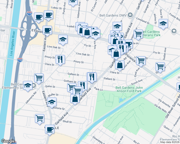 map of restaurants, bars, coffee shops, grocery stores, and more near 6134 Clara Street in Bell Gardens