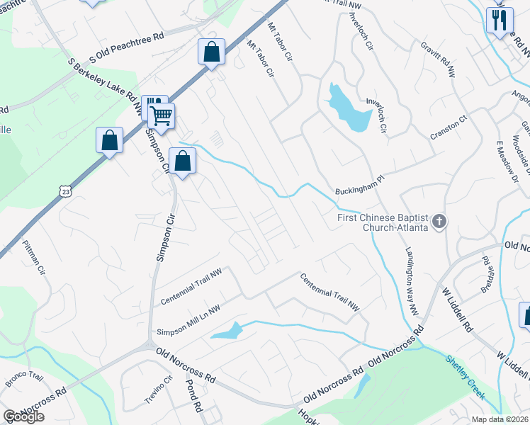 map of restaurants, bars, coffee shops, grocery stores, and more near 4344 Sunny Oak Place in Norcross