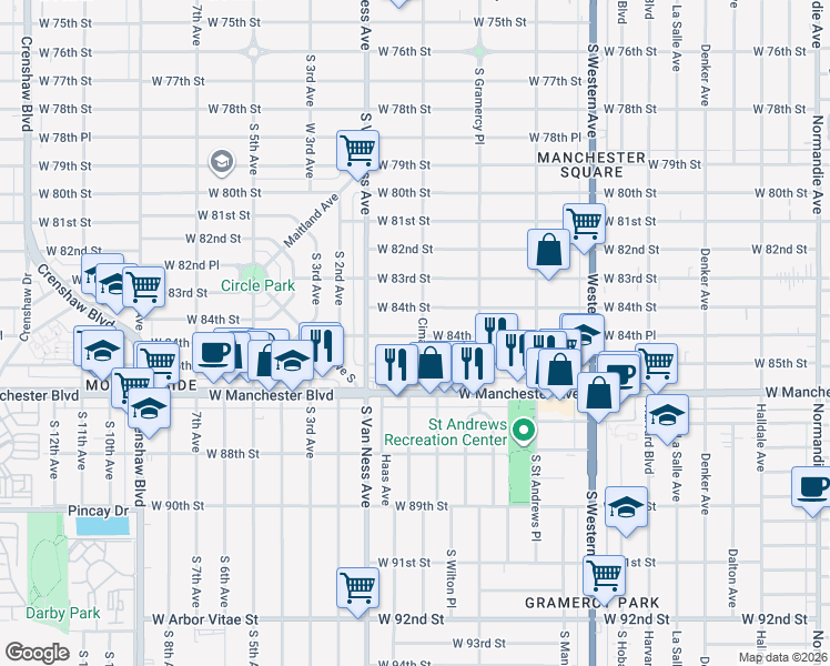 map of restaurants, bars, coffee shops, grocery stores, and more near 2058 West 84th Place in Los Angeles