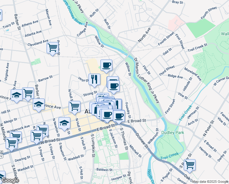 map of restaurants, bars, coffee shops, grocery stores, and more near 436 East Dougherty Street in Athens