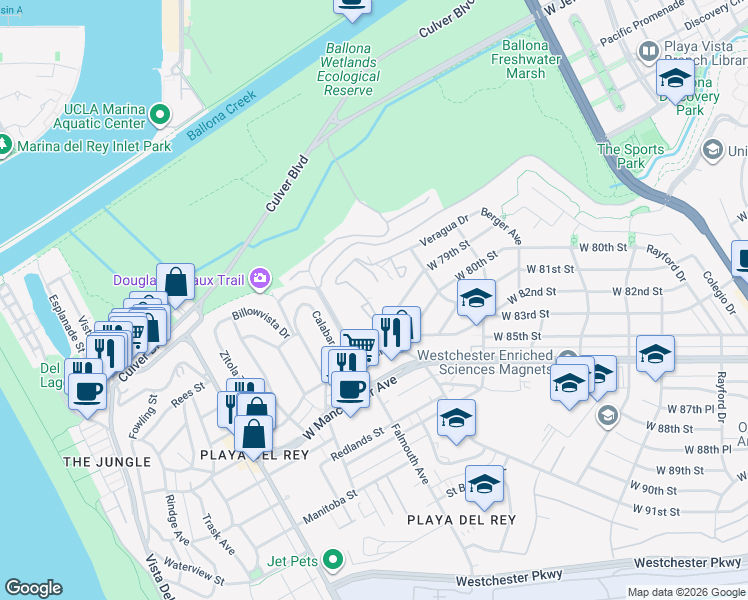 map of restaurants, bars, coffee shops, grocery stores, and more near 8141 Gulana Avenue in Los Angeles