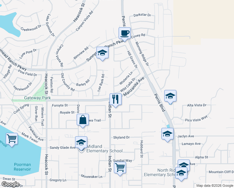 map of restaurants, bars, coffee shops, grocery stores, and more near 24553 Wild Calla Drive in Moreno Valley