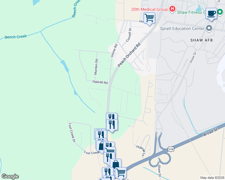 map of restaurants, bars, coffee shops, grocery stores, and more near 1531 Peach Orchard Road in Sumter